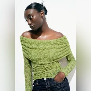 Zara Lime Green Off-the-Shoulder Lace Sweater